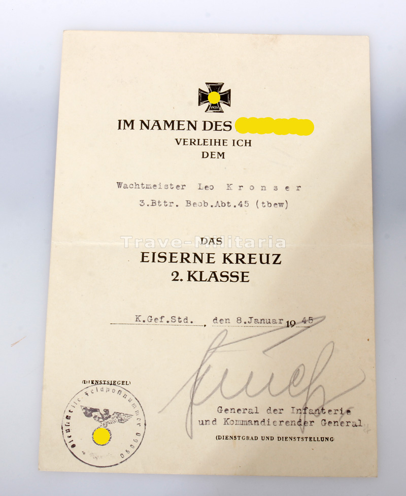 Urkunde Eisernes Kreuz 2 Klasse Kronser Beob Abt 45 Tbew Archiv