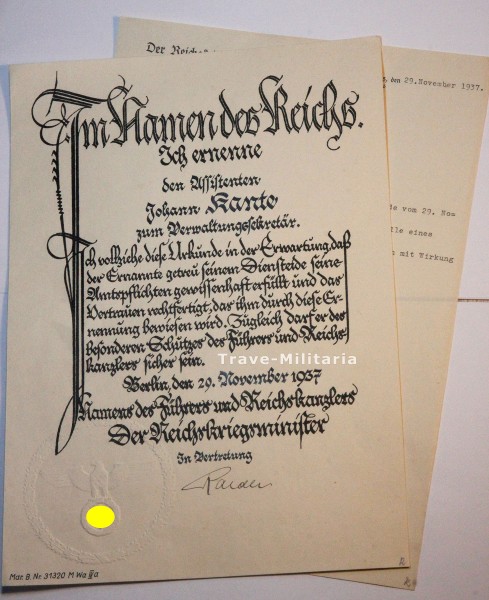 Ernennungsurkunde zum Verwaltungssekretär Johann Kante 1937