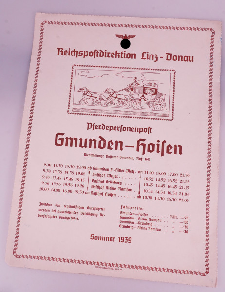 Reichspostdirektion Linz-Donau Fahrplan Pferdepersonpost Gmunden-Hoisen