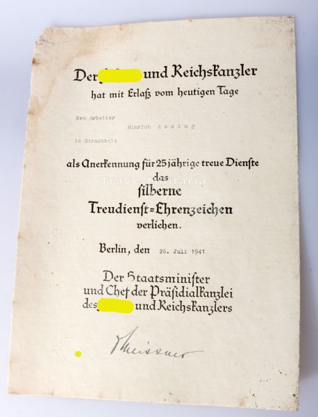 Urkunde Assing Treuedienst- Ehrenzeihen für 25 Jahre