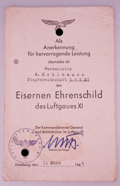 Urkunde Eiserner Ehrenschild des Luftgaues XI. Kohlhaase