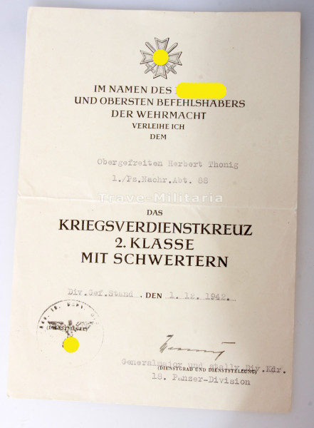 Urkunde Kriegsverdienstkreuz 2. Klasse mit Schwertern Pz.Nachr.Abt. 88