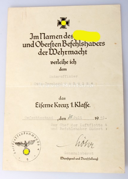 Urkunde Eisernes Kreuz 1. Klasse Schulze Luftwaffe