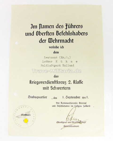 Urkunde zum Kriegsverdienstkreuz 2. Klasse mit Schwertern Luftwaffe