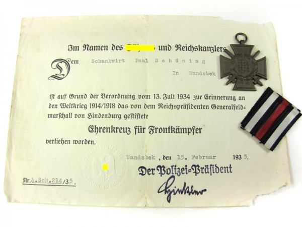 Ehrenkreuz für Frontkämpfer mit Urkunde Wandsbek