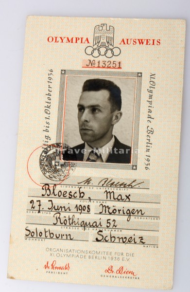 Olympia Ausweis XI. Olympiade Berlin 1936 Max Bloch Solothurn Schweiz