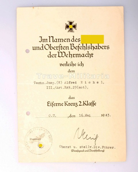 Urkunde Eisernes Kreuz 2. Klasse 1939