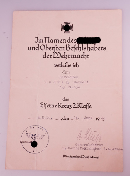 Urkunde Eisernes Kreuz 2. Klasse Ludwig Pi. 630