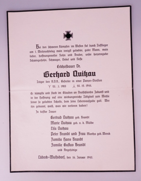 Todesanzeige Erbhofbauer Dr. Gerhard Quitzau