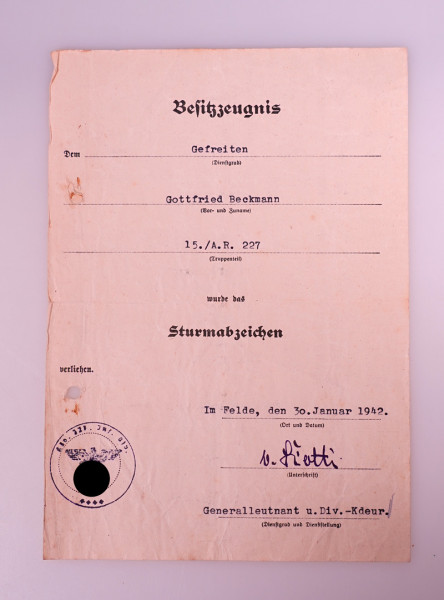 Besitzzeugnis Sturmabzeichen Beckmann A.R. 227