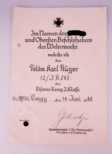 Urkunde Eisernes Kreuz 2. Klasse Rüger I.R.245