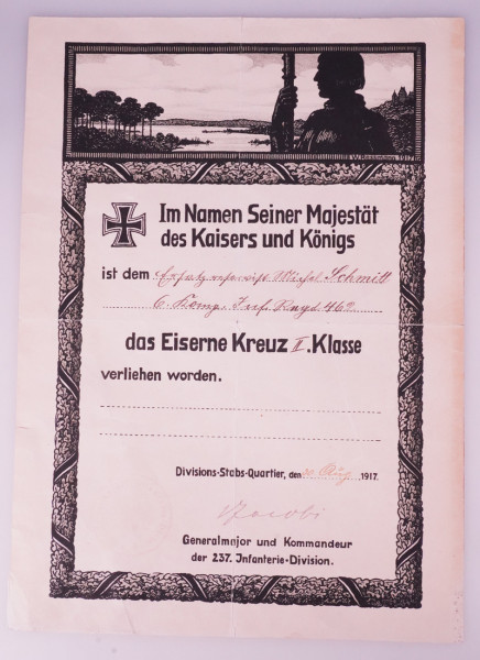 Urkunde Eisernes Kreuz II Klasse Inf.Regt. 462