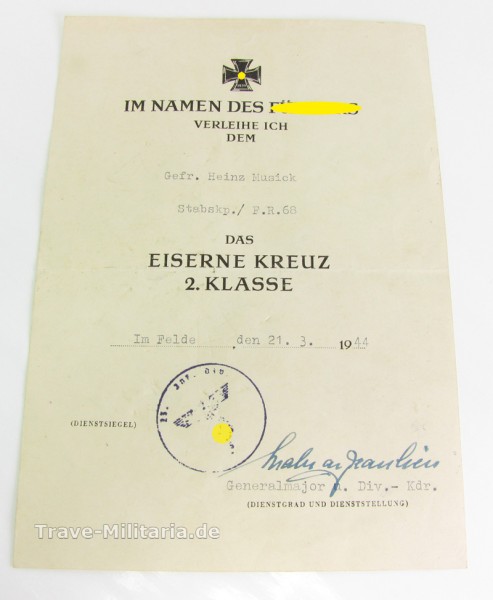 Urkunde zum EK 2 Füsilier Regiment 68