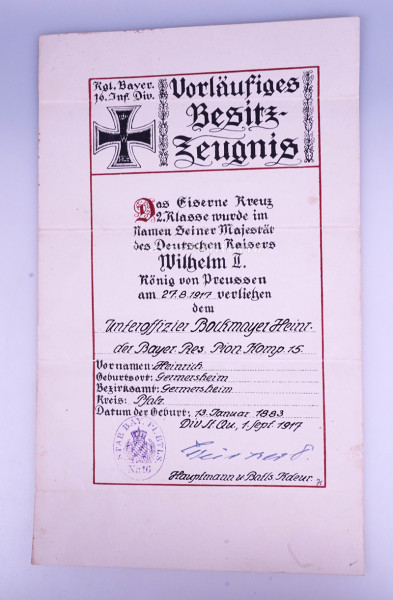 Vorläufiges Besitzzeugnis Eisernes Kreuz 2. Klasse Res. Pion. Komp. 15