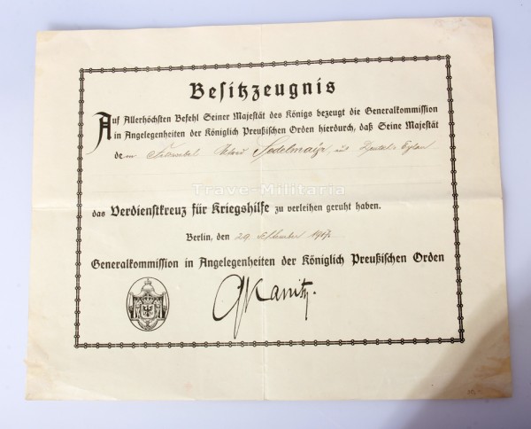 Besitzzeugnis Preußen Verdienstkreuz für Kriegshilfe 1917