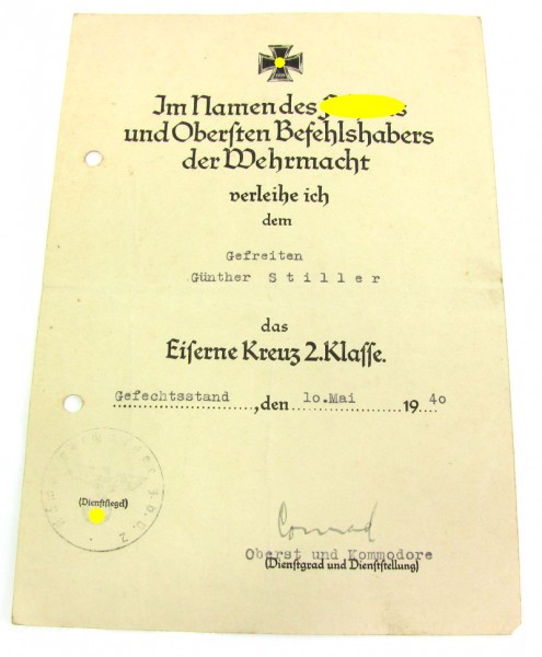 Urkunde zum Eisernen Kreuz 2. Klasse 1939 der Luftwaffe