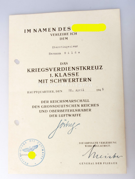 Urkunde Kriegsverdienstkreuz 1. Klasse mit Schwertern 1939