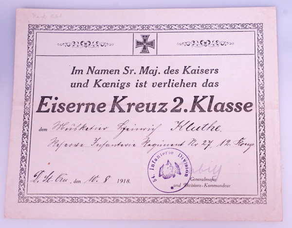 Urkunde Eisernes Kreuz 2. Klasse Res. Inf. Regt. Nr. 27