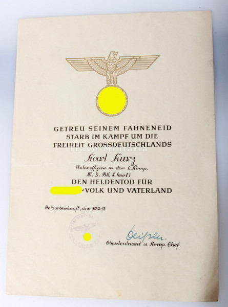 Gefallenenurkunde Karl Kurz M.G.Btl. 5. (mot)