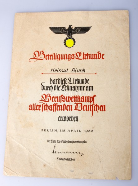 Teilnehmerurkunde Berufswettkampf 1938 Helmut Blunk