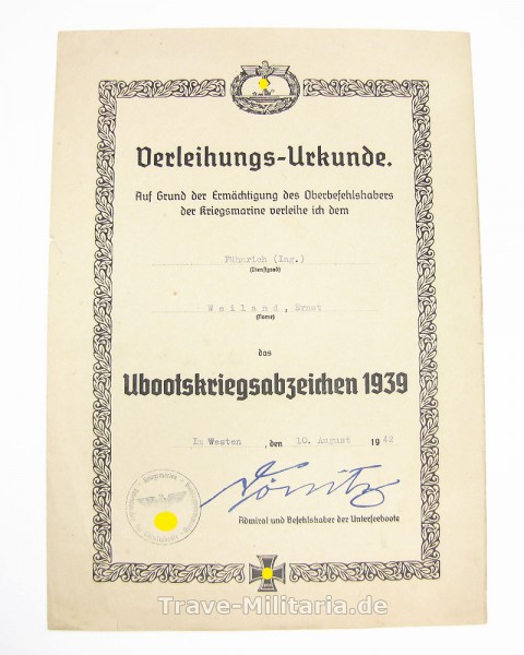 Urkunde Ubootkriegsabzeichen 1939 Fähnrich(Ing.)