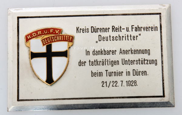 Anerkennungsplakette Dürener Reit- u. Fahrverein "Deutschritter"