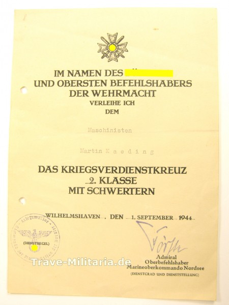 Urkunde Kriegsverdienstkreuz 2. Klasse mit Schwertern Kriegsmarine