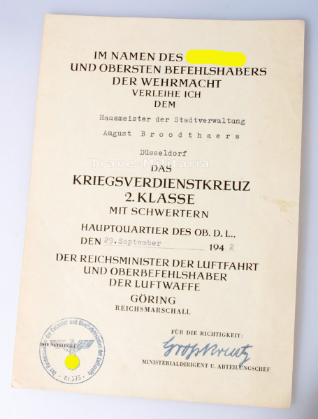 Urkunde Kriegsverdienstkreuz 2. Klasse mit Schwertern Broothaers