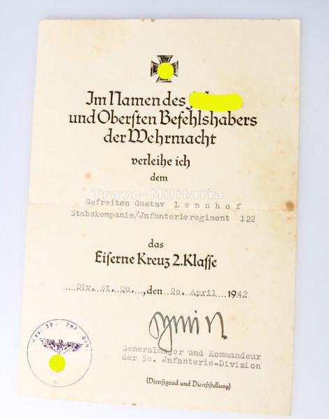 Urkunde Eisernes Kreuz 2. Klasse Lennhof I.R.122