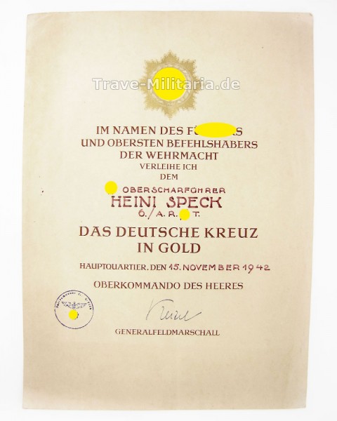 Urkunde Deutsches Kreuz in Gold Artillerie Regiment SS Totenkopf