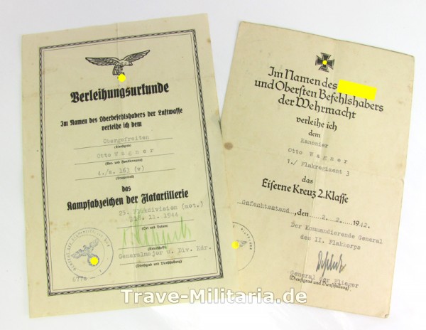 Urkundennachlass eines Otto Wagner EK und Flakkampfabzeichen Luftwaffe