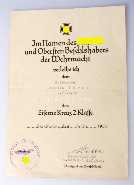 Urkunde Eisernes Kreuz 2. Klasse Gerks I.R.43