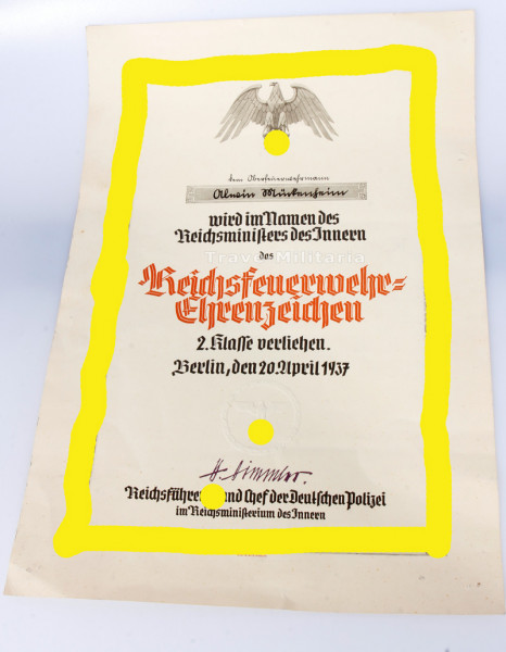 Urkunde Reichsfeuerwehr-Ehrenzeichen 2. Klasse Mückenheim