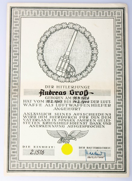 Urkunde für Ausscheiden aus dem Dienst als Luftwaffenhelfer Andreas Groß