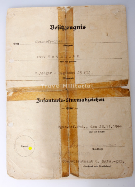 Besitzzeugnis Infanterie- Sturmabzeichen Silber Jäger- Regiment 23(L)