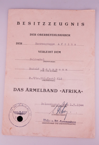 Besitzzeugnis Ärmelband ``Afrika´´ Flagge. Btl. (mot.) 612