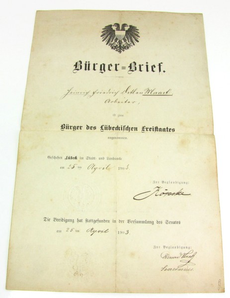 Bürgerbrief der Hansestadt Lübeck von 1903