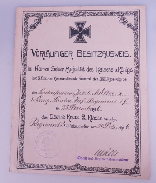 Vorläufiger Besitzausweis Eisernes Kreuz 2. Klasse Landw. Inf. Regt. 17