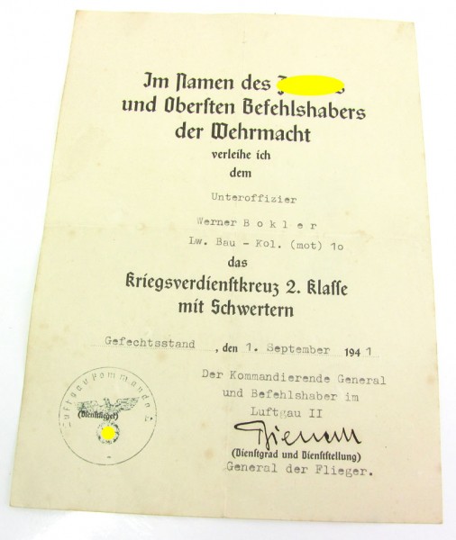 Urkunde zum Kriegsverdienstkreuz 2. Klasse der Luftwaffe