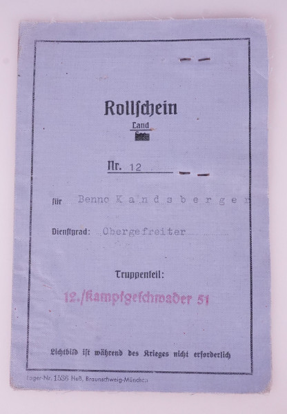 Rollschein Land Kandsberger 12./ Kampfgeschwader 51