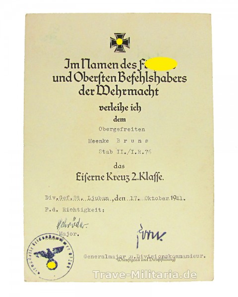 Urkunde zum Eisernen Kreuz 2. Klasse I.R.76