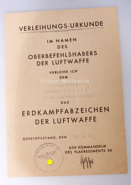 Urkunde Erdkampfabzeichen der Luftwaffe Sommer Flakregiment 12 (mot.)