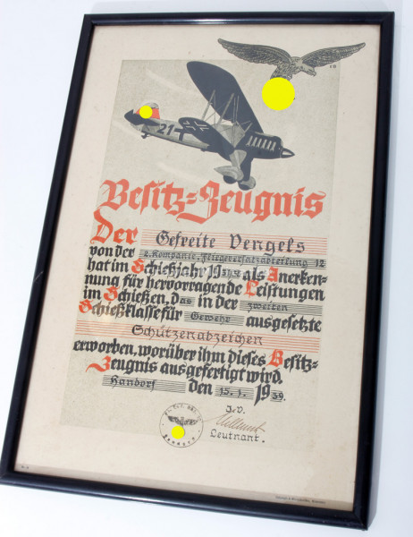 Besitzzeugnis Schützenabzeichen 2. Schießklasse der Luftwaffe