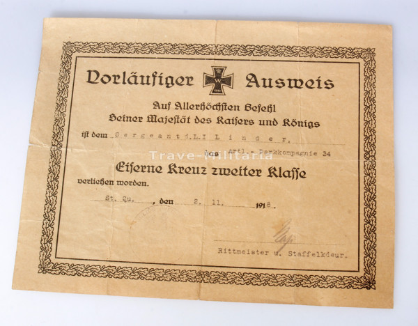 Vorläufiger Ausweis Eisernes Kreuz 2. Klasse Sergeant Linder 1918