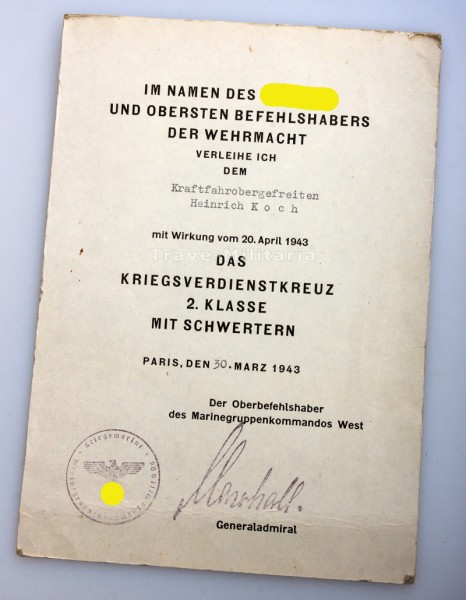 Urkunde Kriegsverdienstkreuz 2. Klasse mit Schwertern Kriegsmarine Kraftfahrobergefreiten Koch