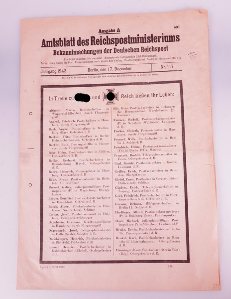 Amtsblatt des Reichspostministeriums 17. Dezember 1943