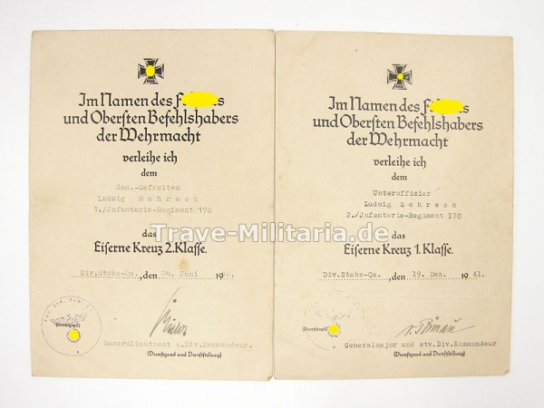 Urkunden EK 2 und EK 1 Infanterie-Regiment 170