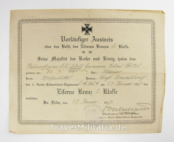 Vorläufiger Ausweis zum Eisernen Kreuz 2. Klasse 1914 Garde Feldartillerie
