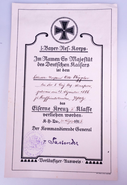 Urkunde Eisernes Kreuz II. Klasse Stöppler 5. Bayr.Res.Division