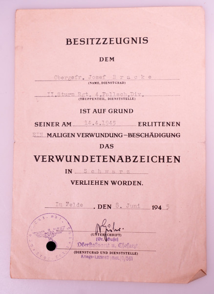 Besitzzeugnis Verwundetenabzeichen in Schwarz Bracke II. SturmRegt. 4. Fallsch. Div.